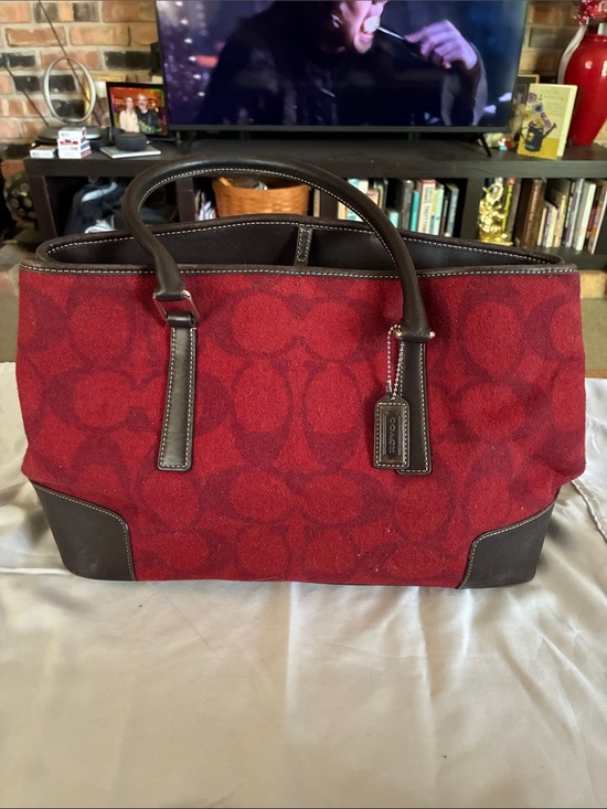 Coach Handbags - Coach Red Canvas Signature Tote with Brown Leather Trim